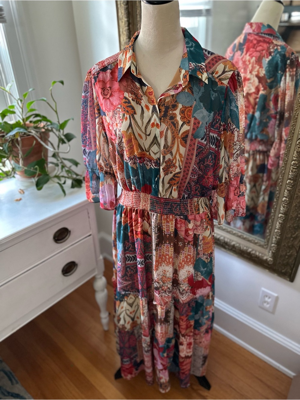 Chicos dress L boho patchwork floral tiered size 2 cottagecore maxi sheer lined